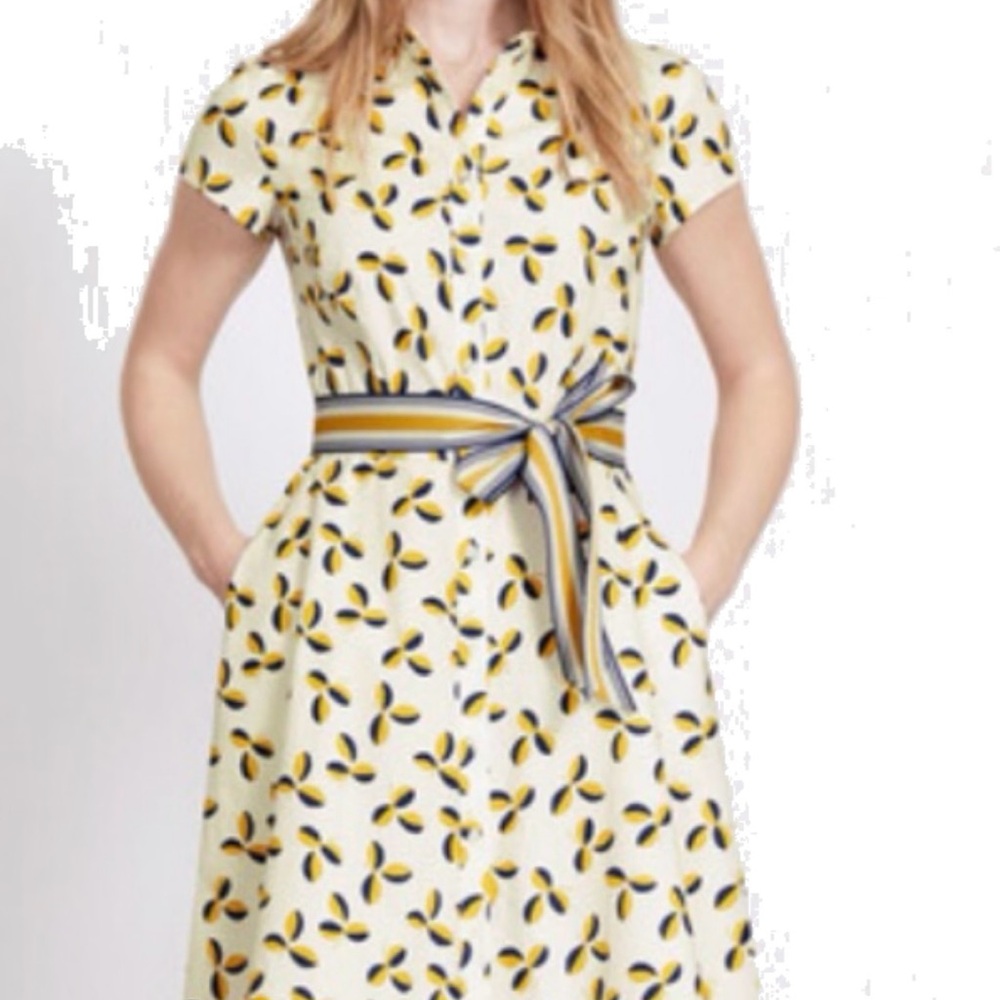 Boden Shirt Dress Size 6 | Yellow & Navy Petal Print, Pockets, Belted